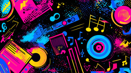 A 90s theme party decoration featuring a backdrop with a black background, nostalgic disco elements, and a retro birthday sign, evoking the hip hop style of the millennial and Gen Z era