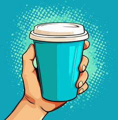 A hand grasping a paper cup filled with coffee, depicted in a pop art retro comic style often associated with fast food illustrations
