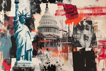 A digital collage in pop art style, incorporating American symbolism and political figures, represents American culture and history, suitable for posters, banners, and social media, featuring the