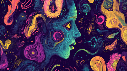 Digital artwork featuring a psychedelic retro cool aesthetic, characterized by a colorful doodle of a human face and eyeball in a 70s vintage style vivid dreamscape pop art design