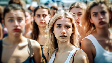 Obraz premium diverse group of young women, with a blonde woman in the foreground looking serious, standing together