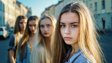 Obraz premium serious young women or teenage girls standing together on a city street