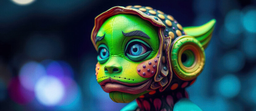 A 3D-rendered futuristic character with emotional expression and a vibrant color palette.