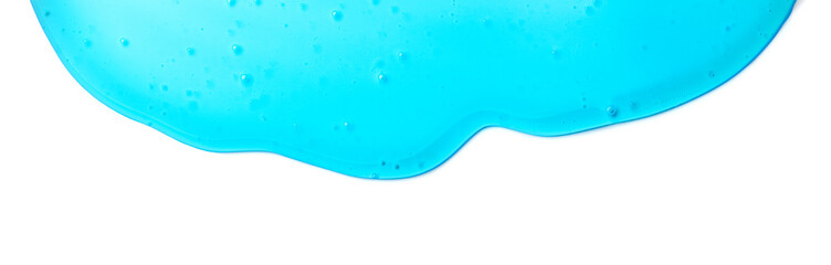 Blue liquid gel flowing, shower fluid gel border, isolated on white background, dripping shampoo texture on white, body care cosmetic, texture of liquid washing gel, soap backdrop, top view