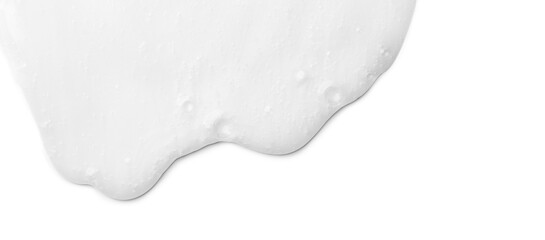 Foam border design, white foam isolated on white background, close up. Liquid soap, shampoo bubbles, Foam bubbles backdrop. Soap sud macro structure. Clean, cleaning, washing. Top view