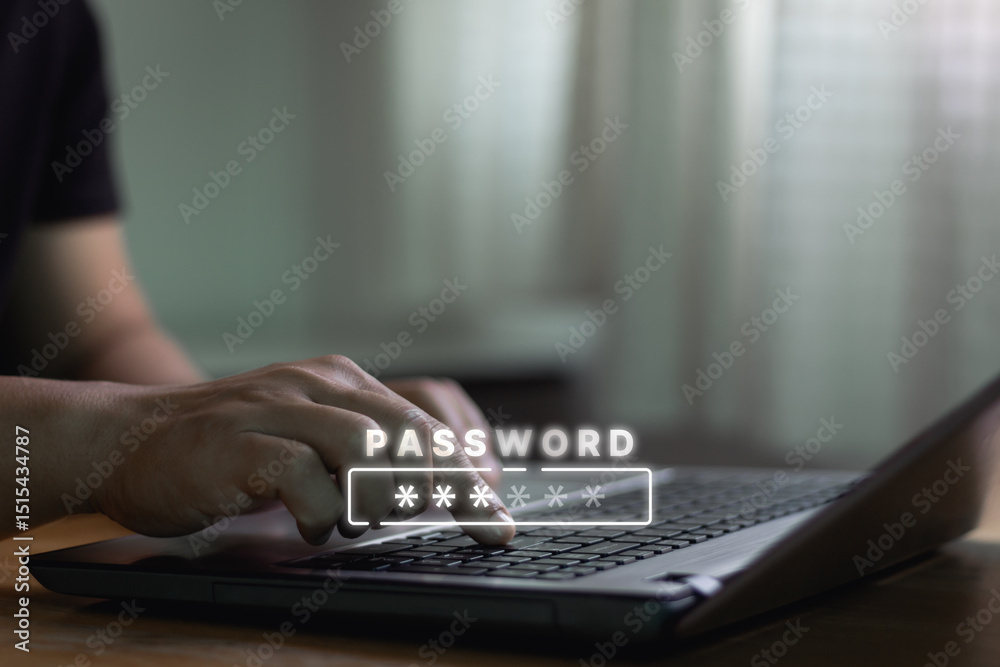 Poster Hand typing computer laptop to input password for technology security system and prevent hacker. cyber security identity theft cloud network system information privacy internet online protection.