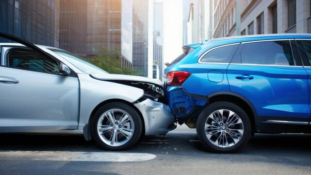 Rear-end collision between two passenger vehicles on urban street, illustrating traffic accident, car insurance claim, vehicle damage assessment, road safety, and urban driving risk situations