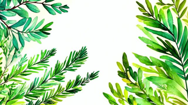 Frame made of evergreen plants isolated on white background. Coniferous background with spruce and pine branches, drawn winter banner design
