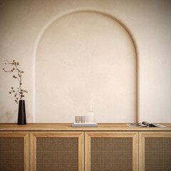 Contemporary wooden chest with decoration and empty beige wall background. Modern interior design....
