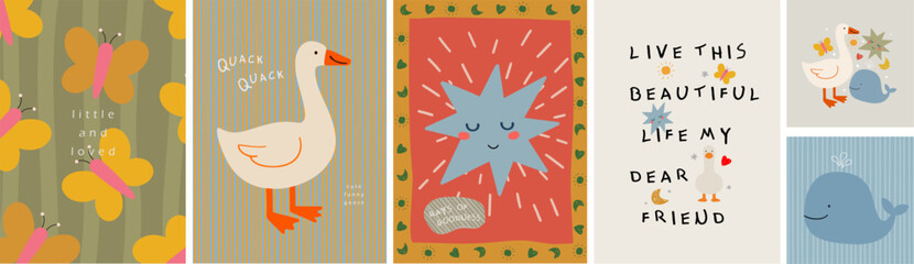 Cute art posters for kids room wall. Vector illustrations of goose, star with rays, butterfly pattern and whale for birthday greeting card, background or postcard