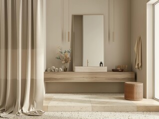 A bathroom with a sink and a mirror. The sink is white and has a black faucet. There is a wooden shelf under the sink. A basket is placed on the floor