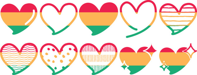 Colorful hearts with stripes and dots in red, orange, and green