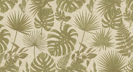 Seamless botanical pattern with hand-drawn tropical leaves and earthy tones for natural themed backgrounds