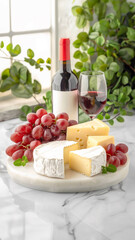 Elegant wine and cheese pairing, beautifully presented with grapes on a marble board