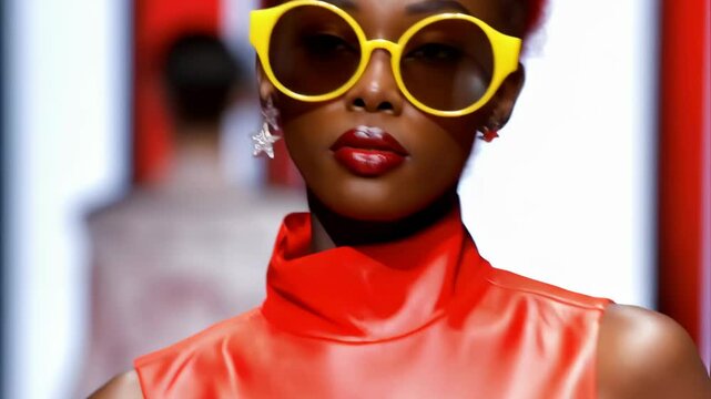 Close up of an african american woman wearing stylish yellow sunglasses and bright red lipstick against a solid red background, fashion concept 