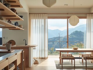 A kitchen with a table and chairs. The table is in front of a window with a view of mountains