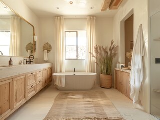 A bathroom with a bathtub and a mirror. There is a towel hanging on the wall