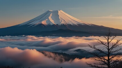 Fototapeta premium Majestic volcano peak above a sea of clouds at dawn