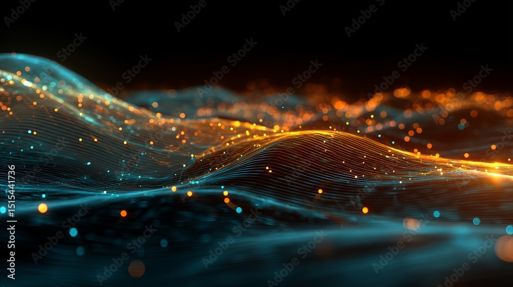 Poster abstract digital wave background orange teal glowing particles flowing lines modern technology futur