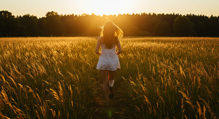 Fototapeta premium Woman Running Through a Field of Tall Grass at Golden Hour