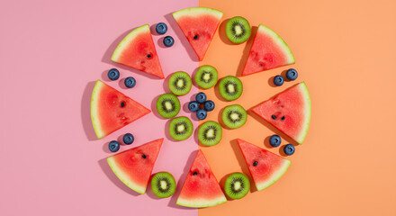Naklejka premium Overhead image of sliced melon, kiwi, and blueberries arranged in a symmetrical pattern on pink and orange two-tone background, bold lighting and color theory emphasis