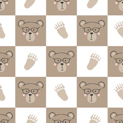 Seamless cute bears pattern for kids. Baby checkered print