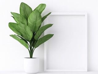 Green Potted Plant Beside White Frame Against Textured White Wall