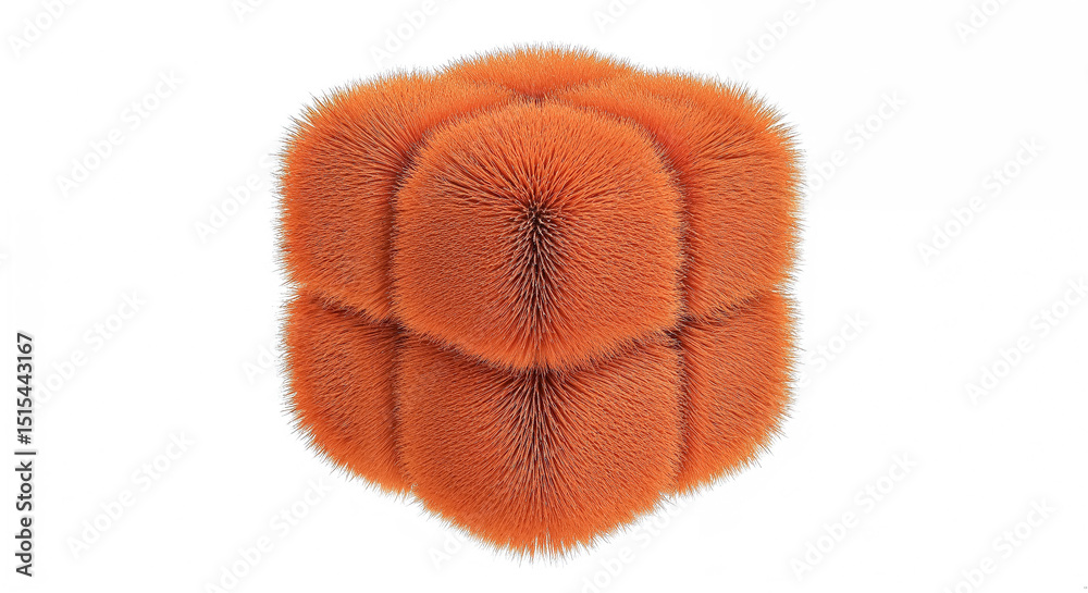 Poster orange fur growing on a cube creating spheres on white background