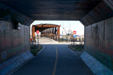 valley passage tunnel along bicycle and walking trail near urban ecology center in menomonee valley area of milwaukee wisconsin