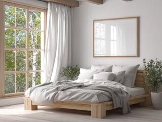 A bed with a white comforter and pillows. A potted plant is on the right side of the bed