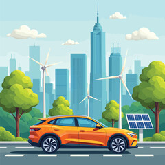 Eco friendly transportation: electric car, wind turbines, and solar panels in city skyline view