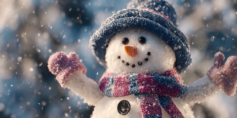 Joyful Snowman Waving Hello Amid Snowfall