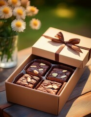 Brownies in offener Geschenkbox &ndash; liebevoll angerichtet auf einem Gartentisch