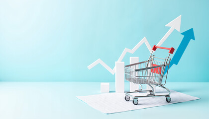 Data visualization, shopping cart transforming into a bar chart, Black Friday, copy space