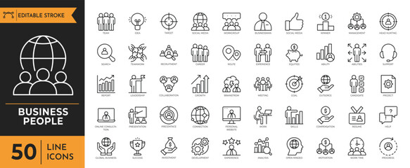 Business people icon set. Containing teamwork, leadership, communication, mentorship, HR management, innovation, skill development, employee, and more. Editable stroke. vector illustration