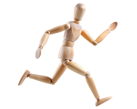 wooden dummy running isolated on white background.PNG Transparent file type with high definition picture quality available.