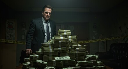 Man with Money Stacks in Dark Room