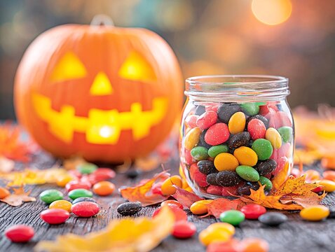 Halloween Candy in Jar Beside Carved Pumpkins