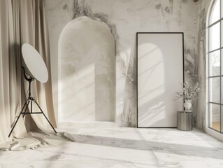 A large, empty room with a white framed mirror and a white vase on a table. The room is filled with natural light coming in through a window, and there is a tripod in the corner