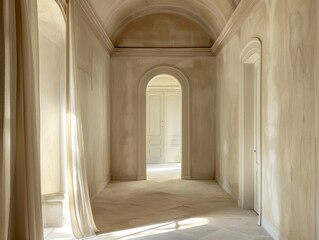 Fototapeta premium A long, narrow hallway with a white wall and a white arch in the middle. The arch is positioned above the center of the hallway, creating a sense of grandeur and elegance. The walls are bare