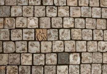 Old cobblestone pavement with one cracked, clay-colored tile standing out among uniform grey stones. Top-down view, perfect for textures or architectural backgrounds