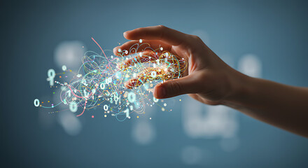 A hand interacts with a digital representation of data.