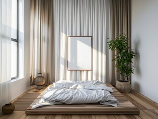 A bedroom with a white bed and a white curtain. A potted plant is on the floor