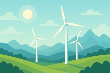 Fototapeta premium Weiße Windkraftanlage in grüner Hügellandschaft vor blauen Bergen unter klarem Himmel als Symbol für nachhaltige Energie Generative KI