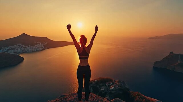 Empowered woman practices yoga on cliffside at sunrise with scenic ocean vista