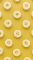 Fresh banana slices evenly spaced on buttery yellow background.