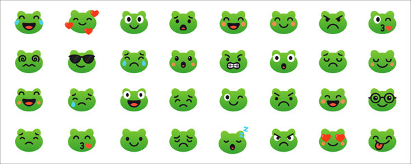 A set of cute green frog emoji faces showing various emotions like, love, happy, sadness, angry. Collection of frog emojis. Perfect for stickers, digital communication, apps or playful design use