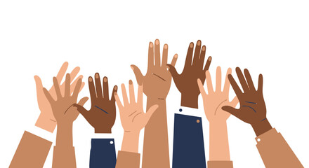 Obraz premium Equal rights movement diverse hands raised vector illustration for volunteering and community support graphic design asset 100