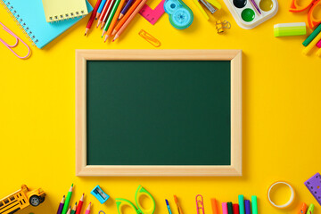 Green chalkboard and school supplies on yellow background. Education and learning concept