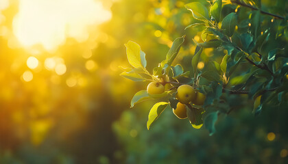 Fruit farm with apple trees. Branch with natural apples on blurred background of apple orchard in golden hour. Concept organic, local, season fruits